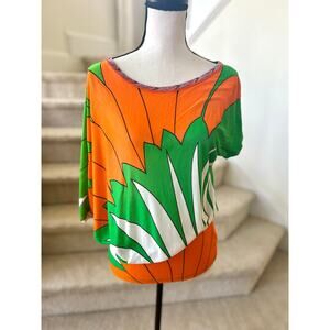 Custo Barcelona Orange and Green Short Sleeve Top